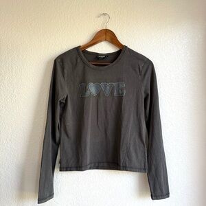 Desigual Womens Shirt Tee Gray Washed Black Love Bling Long Sleeve Size Large